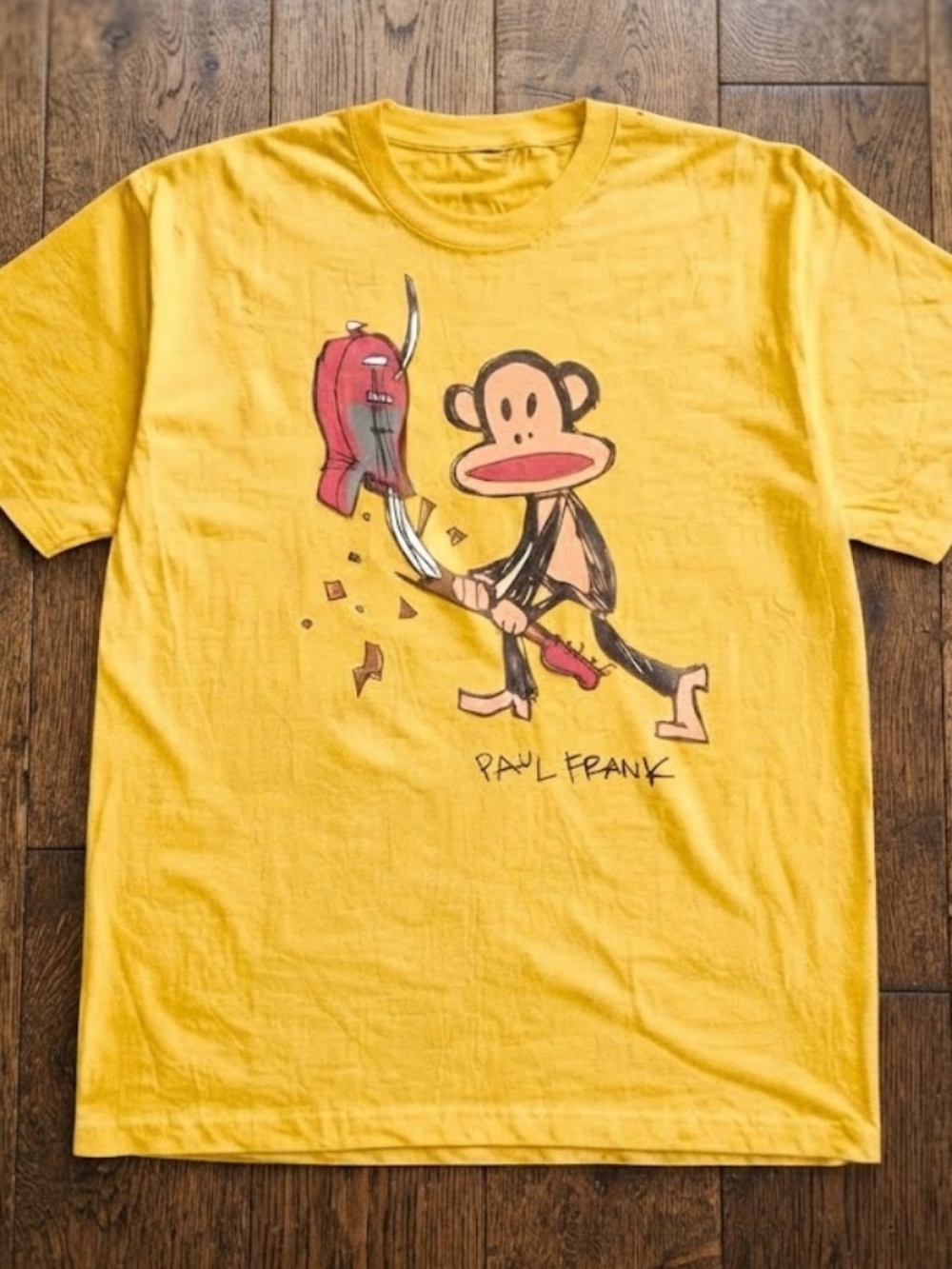 Paul Frank Julius Monkey Smashing Guitar Rock And Roll Vintage Yellow T-Shirt
